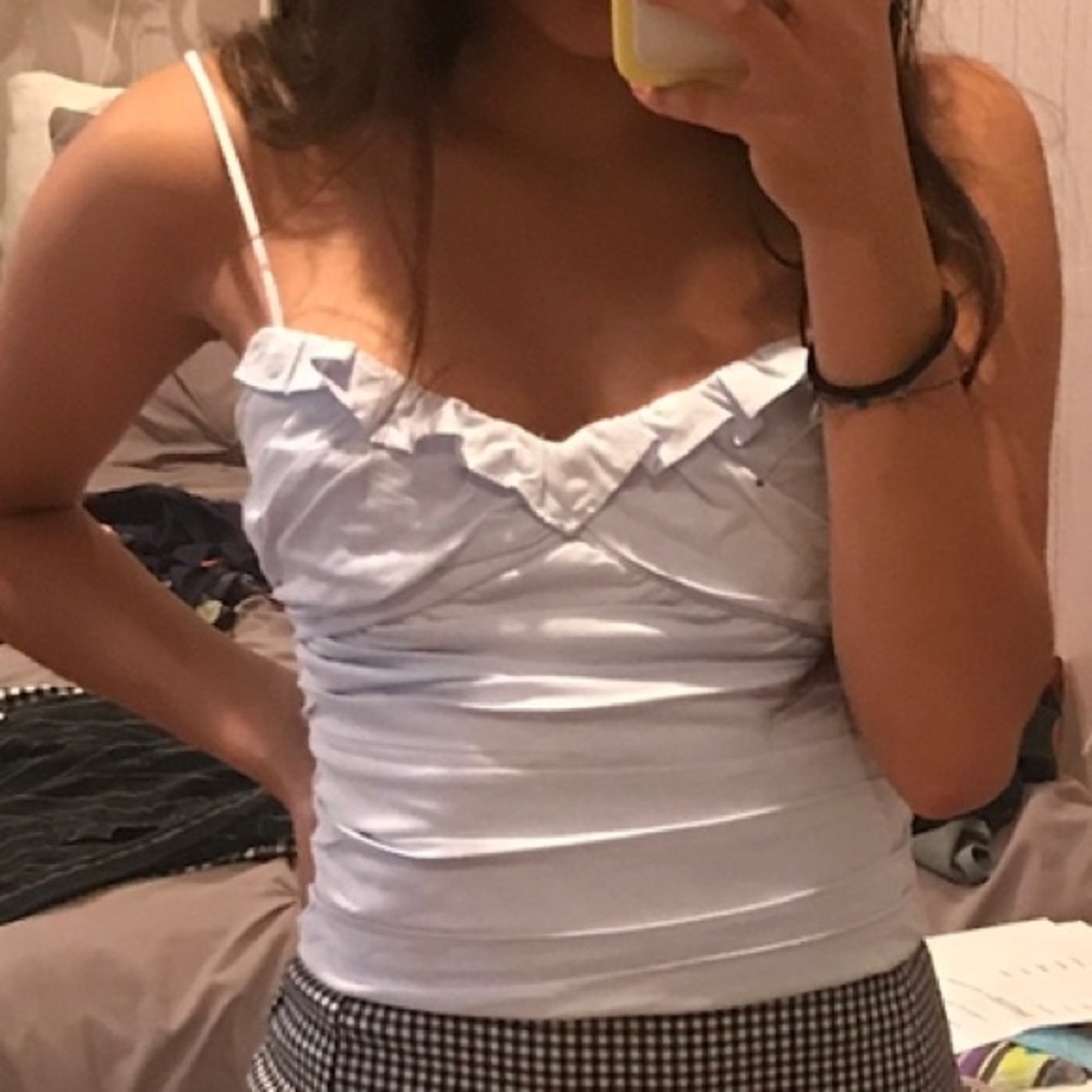 zara baby blue ruched blouse